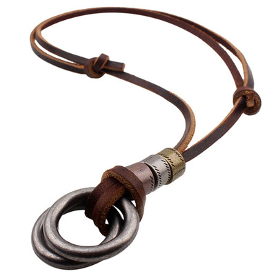 

Fashion Long Genuine Brown Leather Vintage Hoops Men Pendant Necklace Women Men Male Female Jewelry