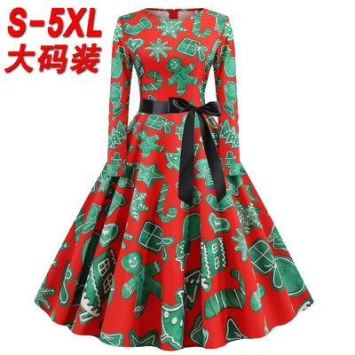 

F5351 Cross-border Christmas Explosion FallWinter Round Neck Long Sleeve Print Large Size Black Ribbon Big Dress red