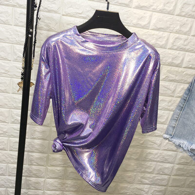 

Bright Silk Women Nightclub T-shirt O Neck Casual Short Sleeve Ladies T-Shirt Wear Summer Party Tops