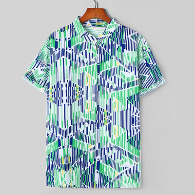 

Tailored Mens Ethnic Printed Stand Collar Colorful Stripe Short Sleeve Loose Shirt