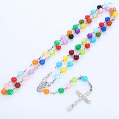 

8mm Multi Color Cat Eyes Resin Rosary Jerusalem Cross Necklece Crucifix By Marina Center Catholicism Prayer Religious Jewelry