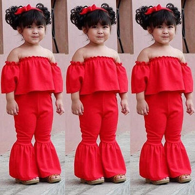 

Toddler Kid Girl Off Shoulder Clothes Bell-Bottom Trousers Casual Summer Outfits