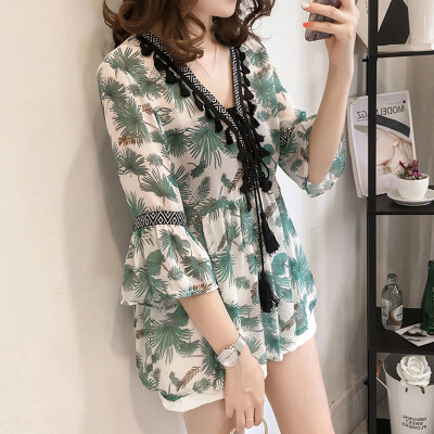 

Women Boho Floral Loose Top Shirt 34 Sleeve Lace Floral Tunic Blouse Plus Size