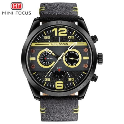 

MINI FOCUS Sports Men Watches Fashion Military Waterproof Quartz Wristwatch 24 Hour Clock With Leather Strap MF0068G