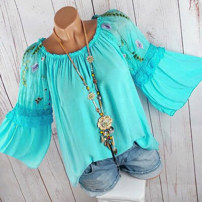 

Nomeni Fashion Women O-Neck Blouse Floral Embroidery Lace Flare Sleeve T-shirt Tops