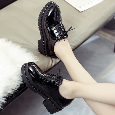 

British small leather shoes womens autumn thick-soled lace-up fashion Joker academic students thick-heeled womens shoes