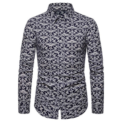 

Tailored Men Summer Slim Loose Hawaii Long Sleeve Printed Turn-down Collar T-shirt Tops