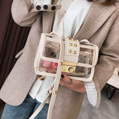 

Summer New Women Transparent Clear PVC Rivet Messenger Bag Famous Brand High quality Fashion Small Square Shoulder Crossbody Bag