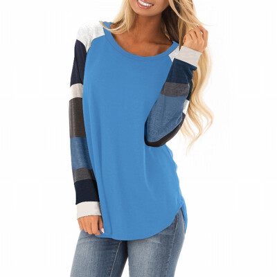 

Round neck long sleeve color block stitching womens T-shirt womens shirt