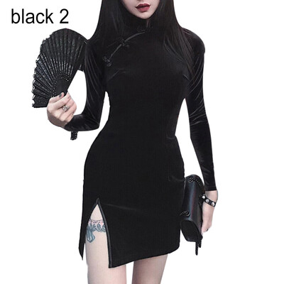 

Chinese Women Solid Color Velvet ShortLong Sleeve Bodycon Cheongsam Mini Dress