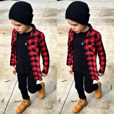 

Casual Baby Kids Boys Girl Long Sleeve T Shirt Checks Tops Blouse Clothes Outfit