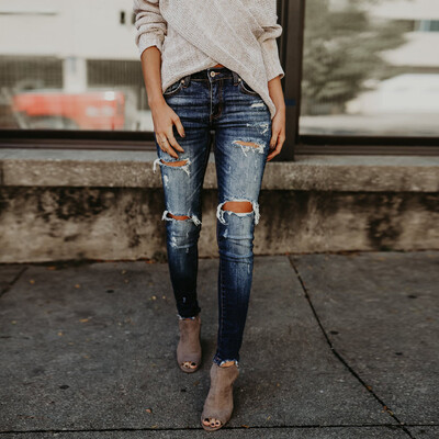 

Tailored Women Hight Waisted Skinny Hole Denim Jeans Stretch Slim Pants Calf Length Jeans