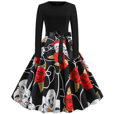 

Tailored Women Halloween 50 60s Skull Print Vintage Swing Cocktail Party Dress