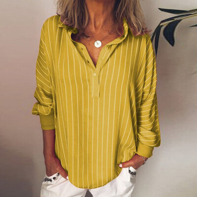 

Womens Casual Loose V-neck Tops Striped Print Loose Bat Sleeve Solid Color