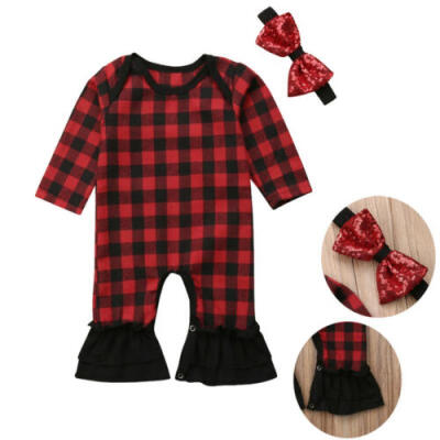 

Infnat Baby Girl Romper Christmas Cotton Long Sleeve Plaid Jumpsuit Headband