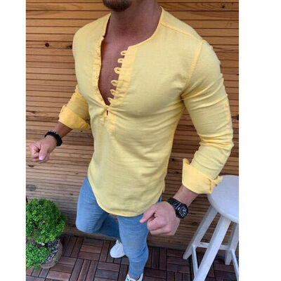 

Mens Linen Long Sleeve Summer Solid Shirts Casual Loose Dress Soft Tops Tee