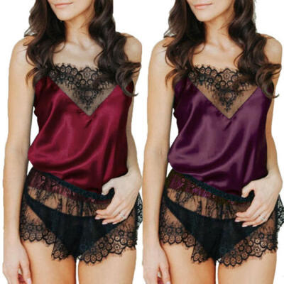 

2pcs Women Sexy Satin Lace Sleepwear Babydoll Lingerie Nightdress Pajamas Set US