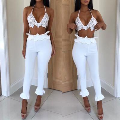 

Tailored Womens Long Solid High Waist Ruffles Ankle-Length Pants