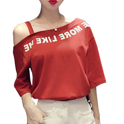 

One Shoulder Strap T-Shirt Women Casual Tee Half Sleeve Letter T Shirt Summer Casual Streetwear Ladies Tops T-shirts