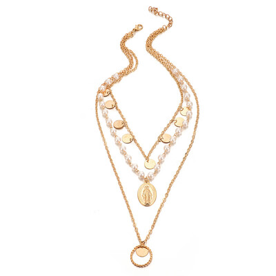 

Vintage Beads Coin Necklace For Women Fashion Gold Color Medallion Necklace Multiple Layers Pendant Long Necklaces Jewelry