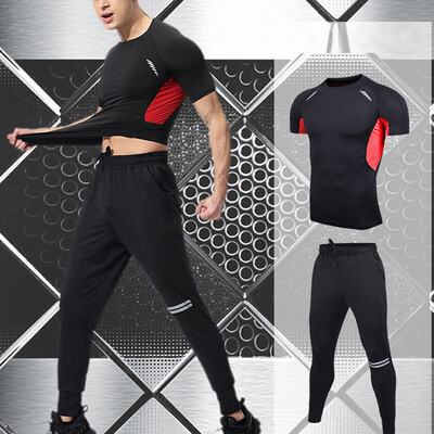

Toponeto Mens Elastic Fitness T-shirt Fast Drying Tops Long Pants Sports Tight Suit