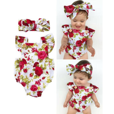 

Summer Newborn Baby Girl Flower Jumpsuit Bodysuit Romper Headband Outfits Set