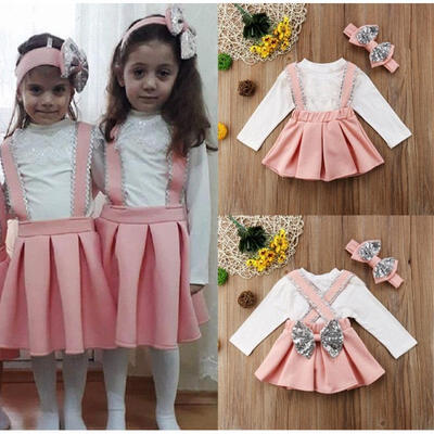 

3Pcs Toddler Kids Girls Clothes Sets Lace Tops Sequin Strap Skirt Headband 3pcs Lace Cute Outfits Set Girl 1-6T