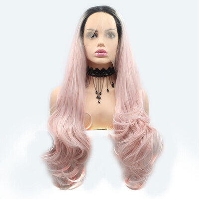 

Amazing Star Lace Frontal Wigs Long Natural Wave Ombre Pink Color Heat Resistant Fiber Free Part Synthetic Hair For Fashion Women
