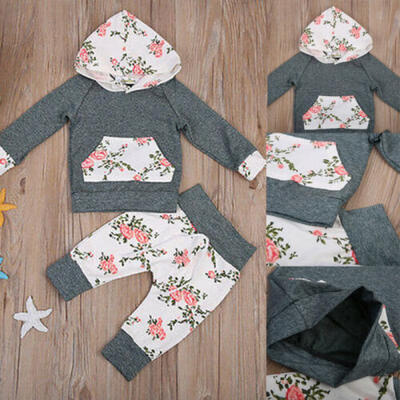 

Infant Toddler Baby Boy Girl Floral Hooded Tops Pants Outfits Set Hoodie Shirt