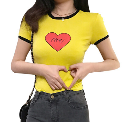 

Women Cotton Elastic Basic T-shirts Heart Print Color Block Round Neck T-Shirt Female Casual Short Sleeve Tshirt