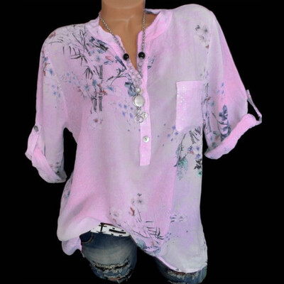 

Roseonmyhand Women Fashion Summer Casual Loose New Long Sleeve Printed Button Shirt