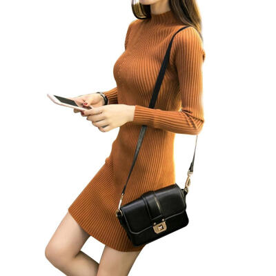 

Women Knit Slim Autumn Winter Long Sleeve Dress Women Hip Sweaters Solid Color Long Tops Dress