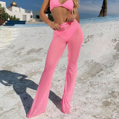 

New Women Beach See-Through Long Pants Mesh Sheer Bikini Cover Up Flare Trousers