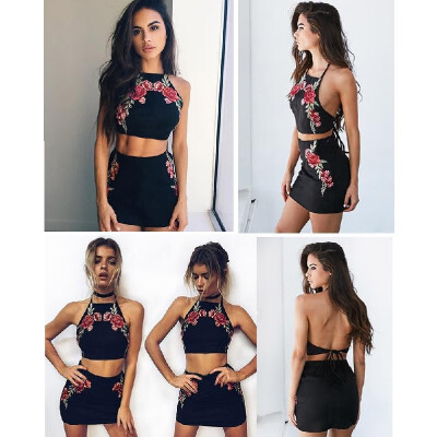 

Sexy Women Crop Top Floral Embroidery Backless Two-Piece Set Halterneck Bodycon Pencil Skirt Set Black