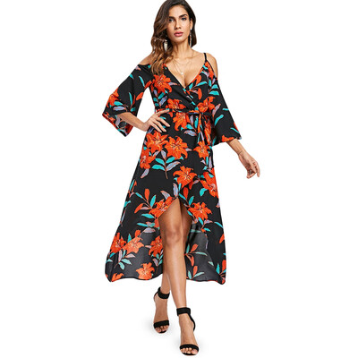 

Front Slit Cold Shoulder Floral Dress