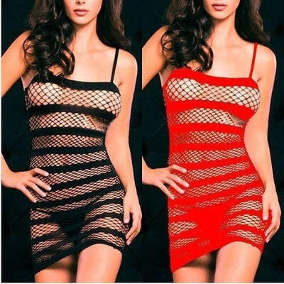 

Sexy New Women&acutes Black Lingerie Fishnet Sleepwear Underwear Fishnet Stripe Hollow Dress red black