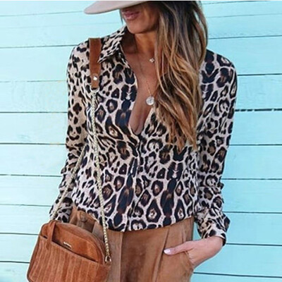 

Womens Sexy Tops V-neck Long Sleeve Leopard Print Button Down Loose Shirt