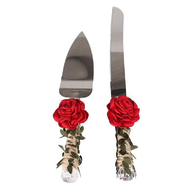 

Stainless Steel Wedding Cake Knife & Server Set Crystal Handle with Artificial Rose Flower Cake Cutter for Wedding Anniversary Bir