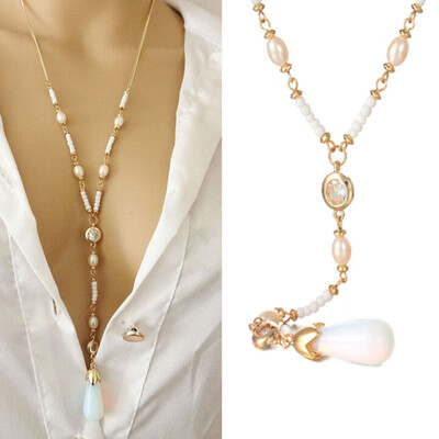 

Elegant Women Pearl Moonstone Long Pendant Necklace New Design Jewelry Hot sale