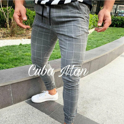 

Mens Urban Straight Leg Trousers Casual Pencil Jogger Cargo PlaidChecks Pants
