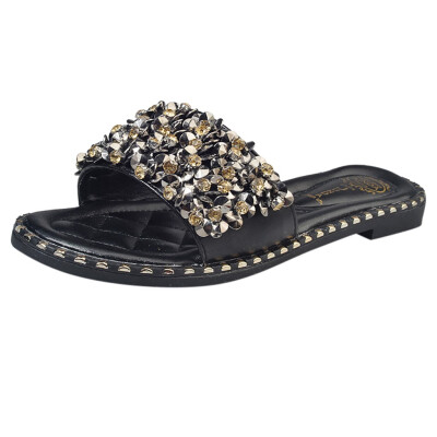 

Rose Womens Word Shiny Rhinestone Slippers Beach Shoes Flat Non-Slip Sandals