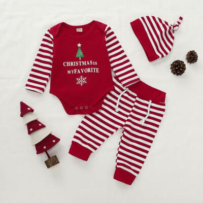 

Baby Boy Girl Newborn Christmas Clothes Romper Pants Hat Outfit 3Xpieces Set