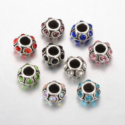 

Rondelle Tibetan Style Alloy Rhinestone European Large Hole Beads Mixed Color 11x7mm Hole 45mm