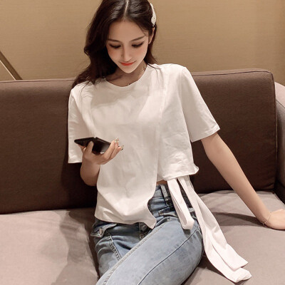 

t shirt women lady sexy crop tops women solid short sleeve lace up cotton loose sexy white t-shirt dance tee tops summer