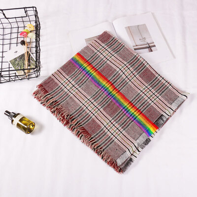 

Autumn&winter new rainbow strip imitation cashmere scarf female plaid double-sided shawl four corners to remove the warm scarf