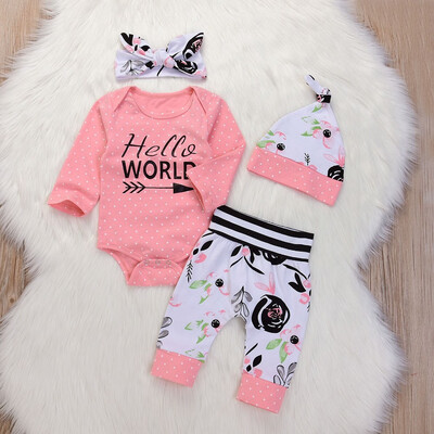 

4PCS Toddler Baby Letter Print RomperFloral Print PantsHatHeadband Set Outfit