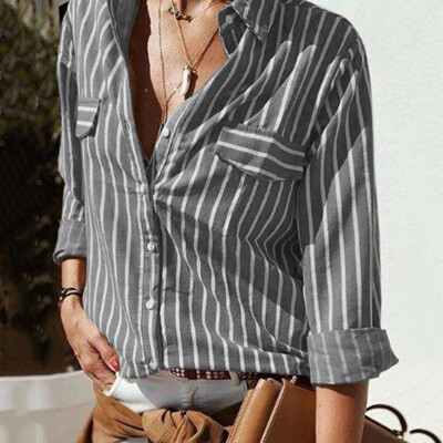 

Starmoon Women Casual Long Sleeve Striped Turn Down Collar Button Shirt Tops Blouse