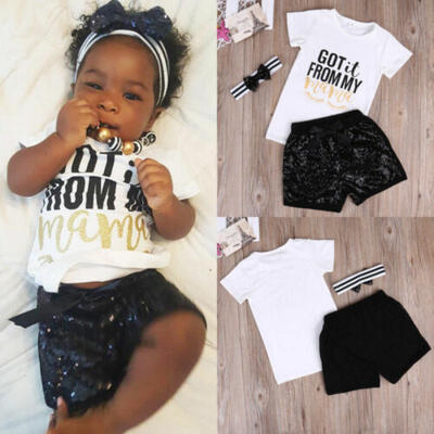 

UK 3PCS Baby Girls Tops Romper Shorts Pants Headband Outfits Clothes Sets