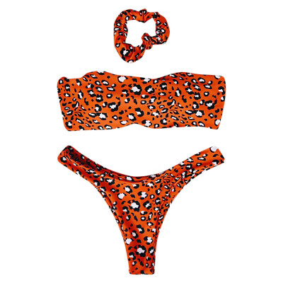 

Strapless Backless Padded Leopard Print Low Waist Women Three-piece Bikini