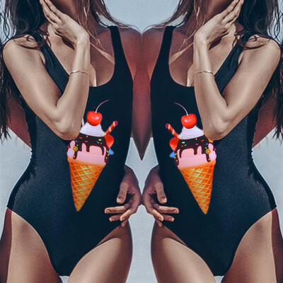 

Roseonmyhand Women Ice Cream Print Jumpsuit Push-Up Padded Bra Bikini One Piece Swimwear